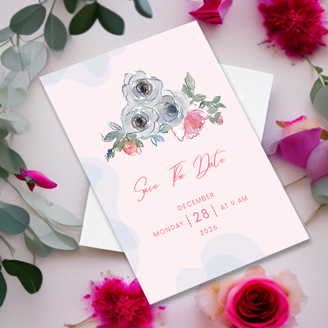 Image with enchanting wedding invitation with flowers.