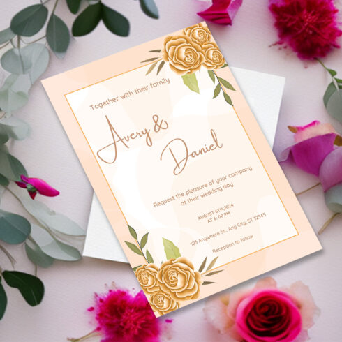 Image with irresistible wedding invitation card with golden color roses.