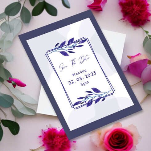 Image with wonderful wedding invitation in blue tones and leaves.