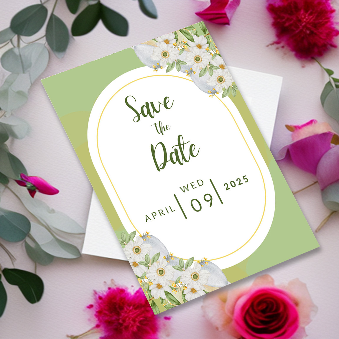 Image with charming wedding invitation in light green colors with white flower.