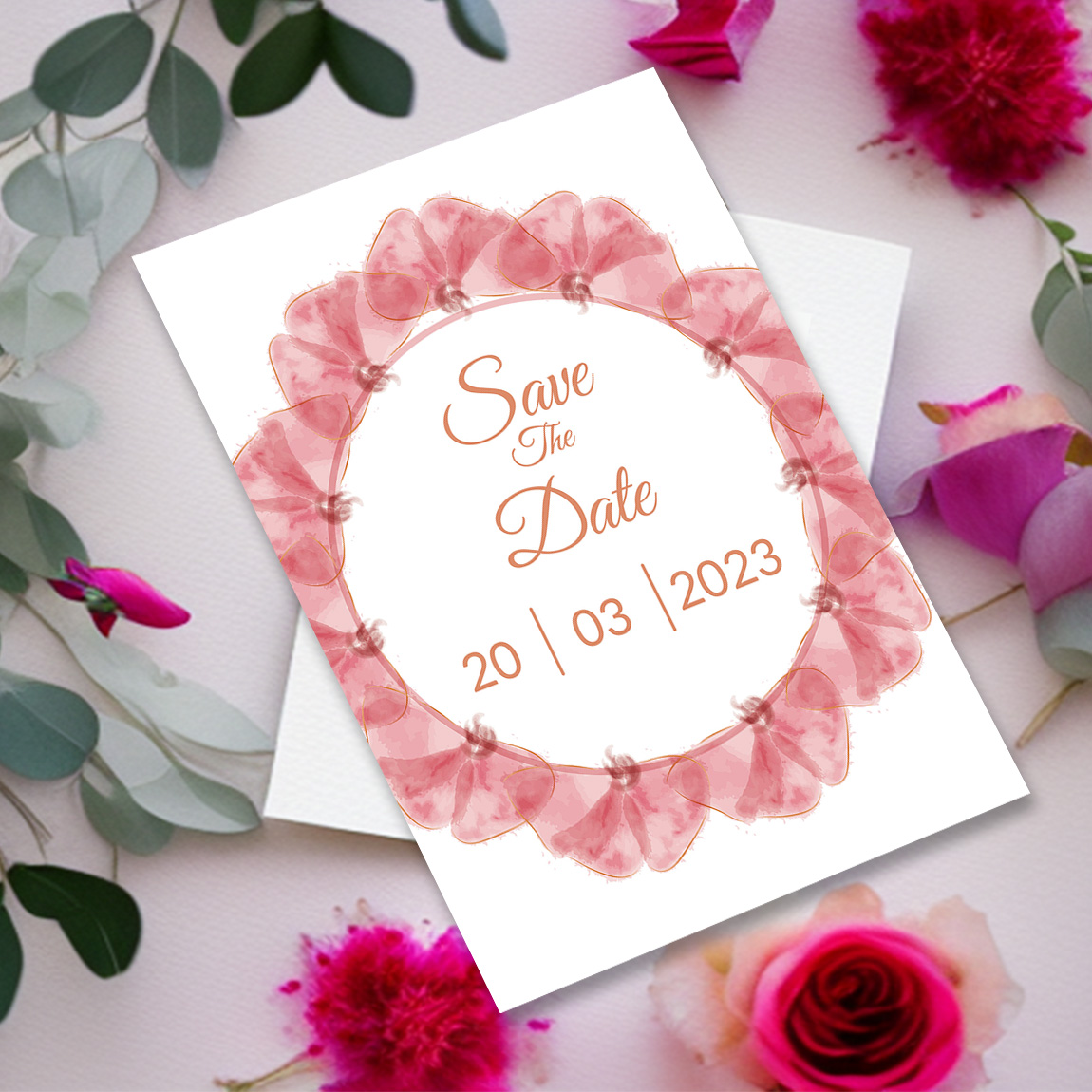 Image with enchanting wedding invitation card in pink tones and flowers.