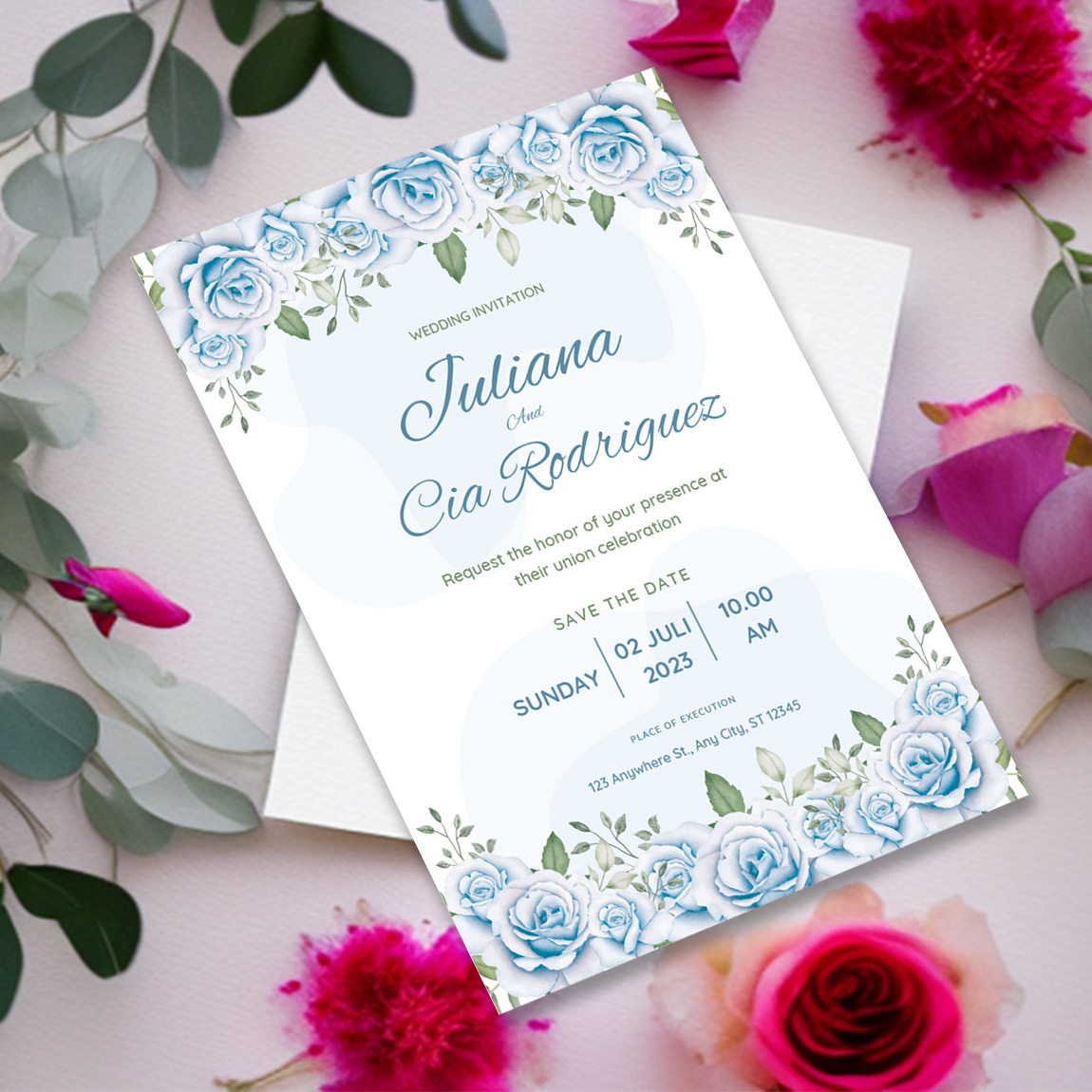 Image with irresistible wedding invitation card with watercolor roses.