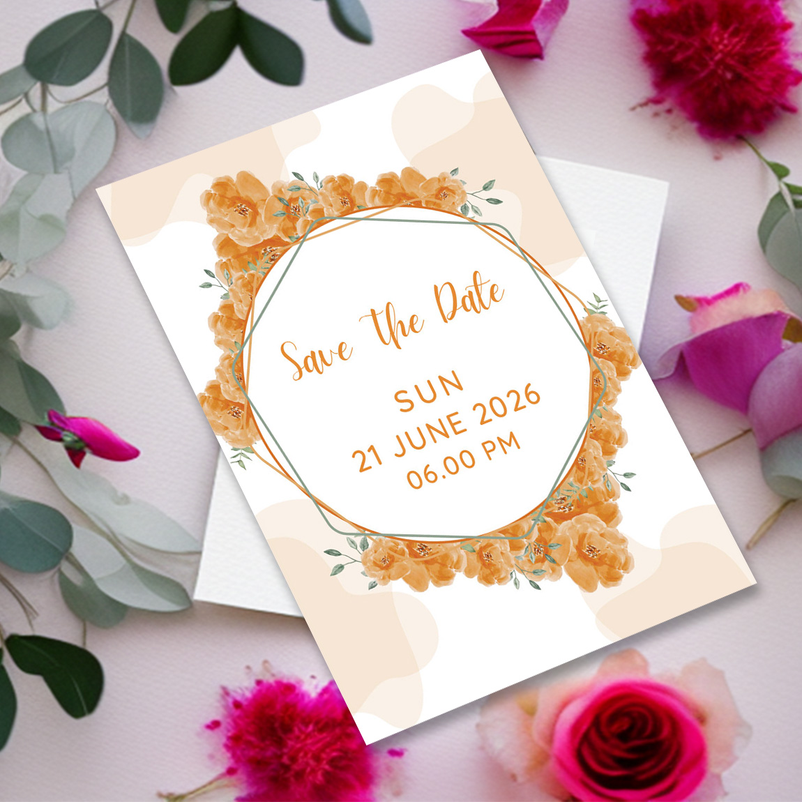 Image with colorful wedding invitation with roses floral frame.