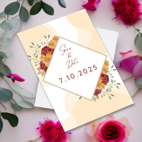 Image of a beautiful wedding invitation in pastel colors with flowers.