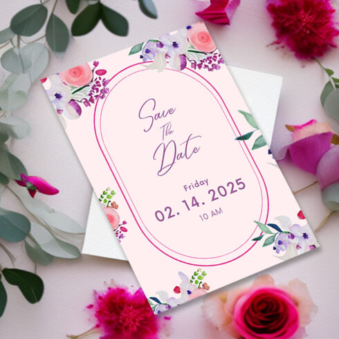 Image with gorgeous wedding invitation card with watercolor flowers.