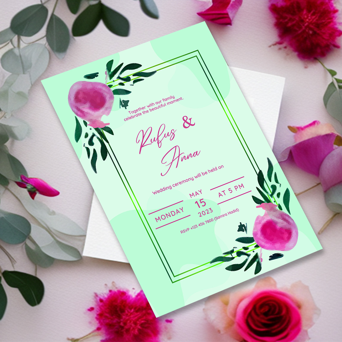 Image with irresistible wedding invitation card with watercolor flowers.