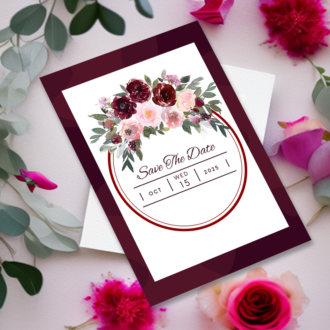 Image with charming wedding invitation in burgundy colors.