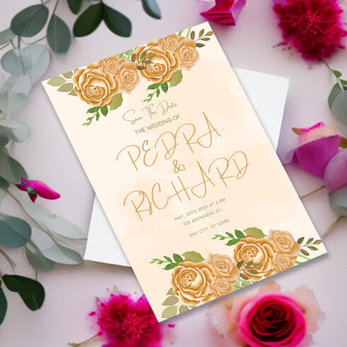 Image with exquisite wedding invitation card with golden roses and leaves.