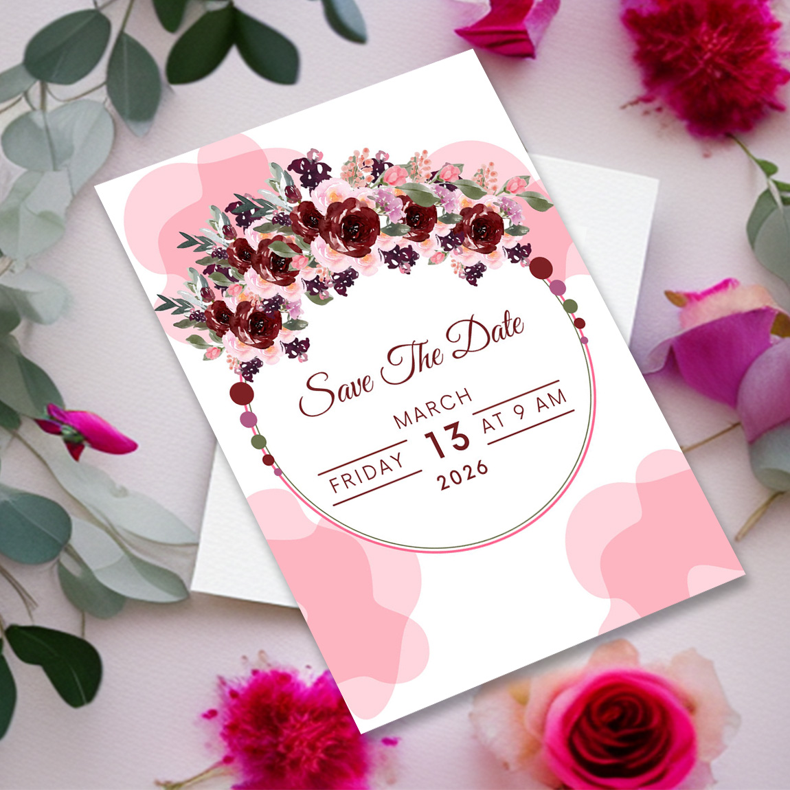 Image of an elegant pink wedding invitation with flowers.