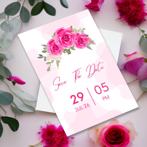 Image of gorgeous wedding invitation with flowers and leaves.