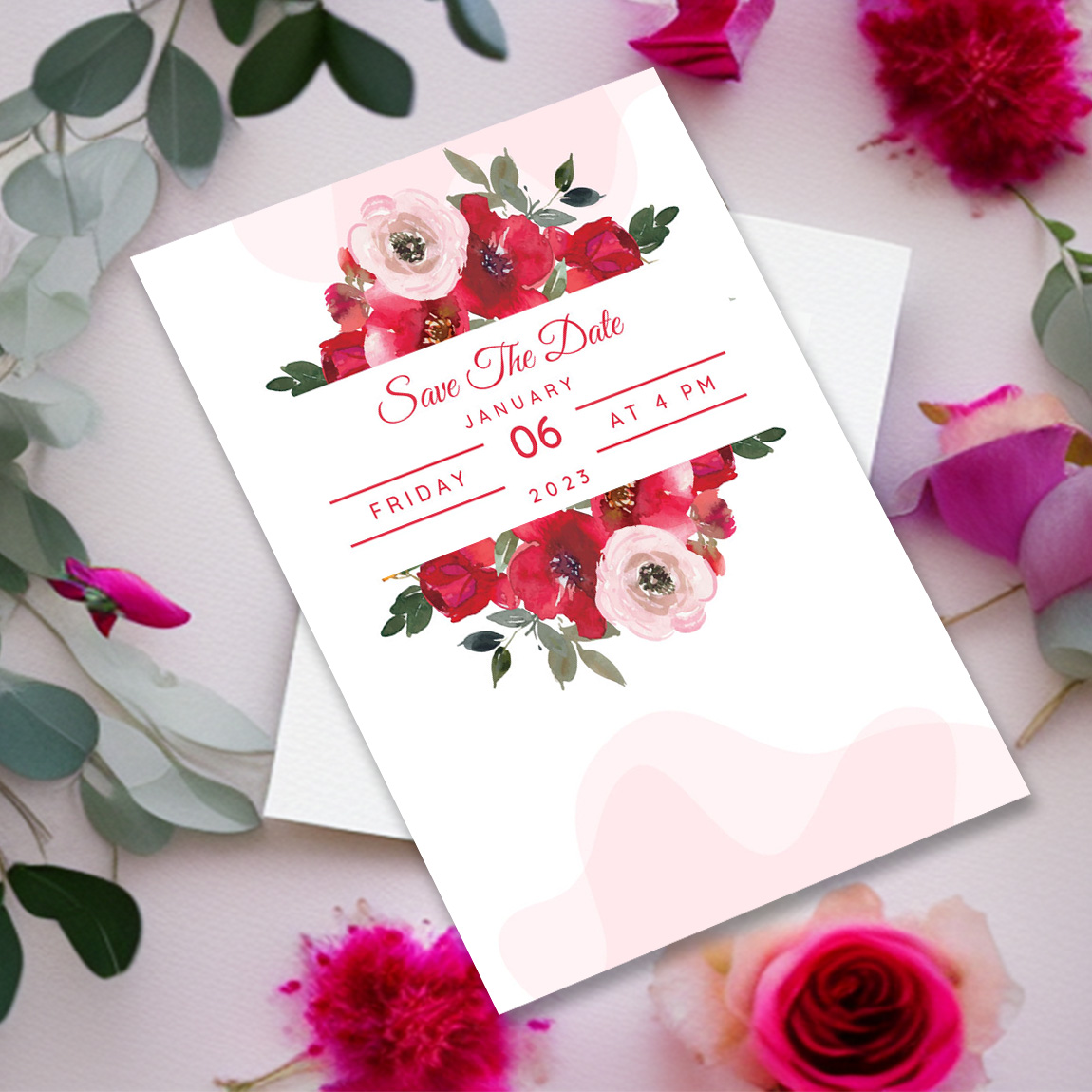 Image of gorgeous wedding invitation with watercolor flowers.
