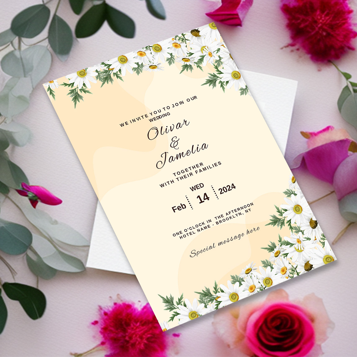 Image with unique wedding invitation card with flowers/