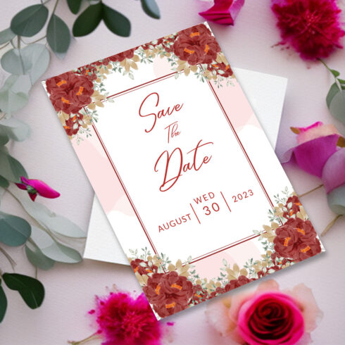 Image of an elegant wedding invitation with flowers.