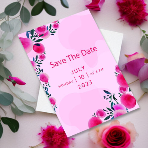 Image with unique wedding invitation card with pink color flowers.