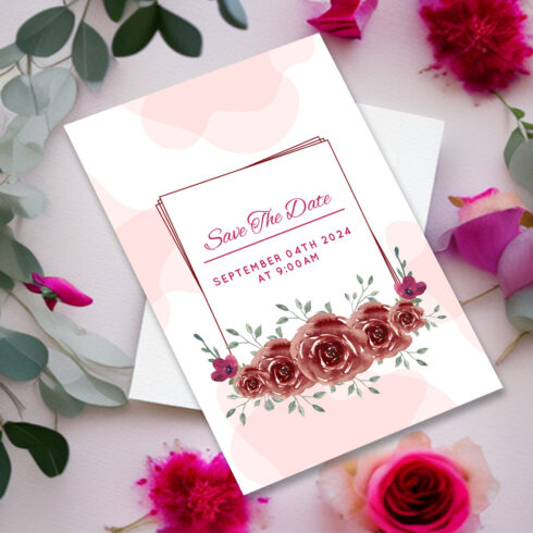 Image of enchanting wedding invitation with brown roses and leaves.