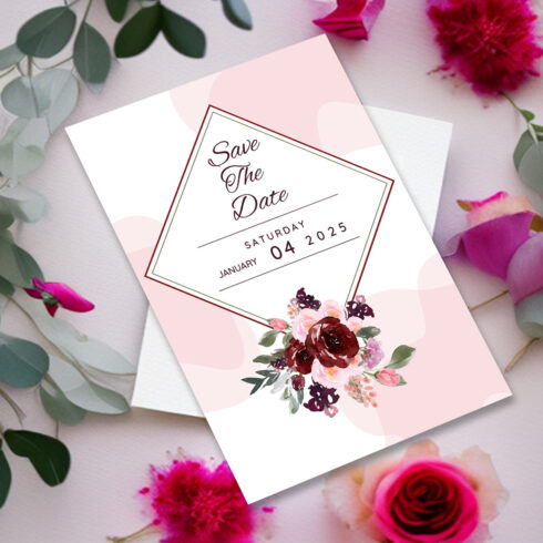 Image of a colorful wedding invitation in pink tones with flowers.