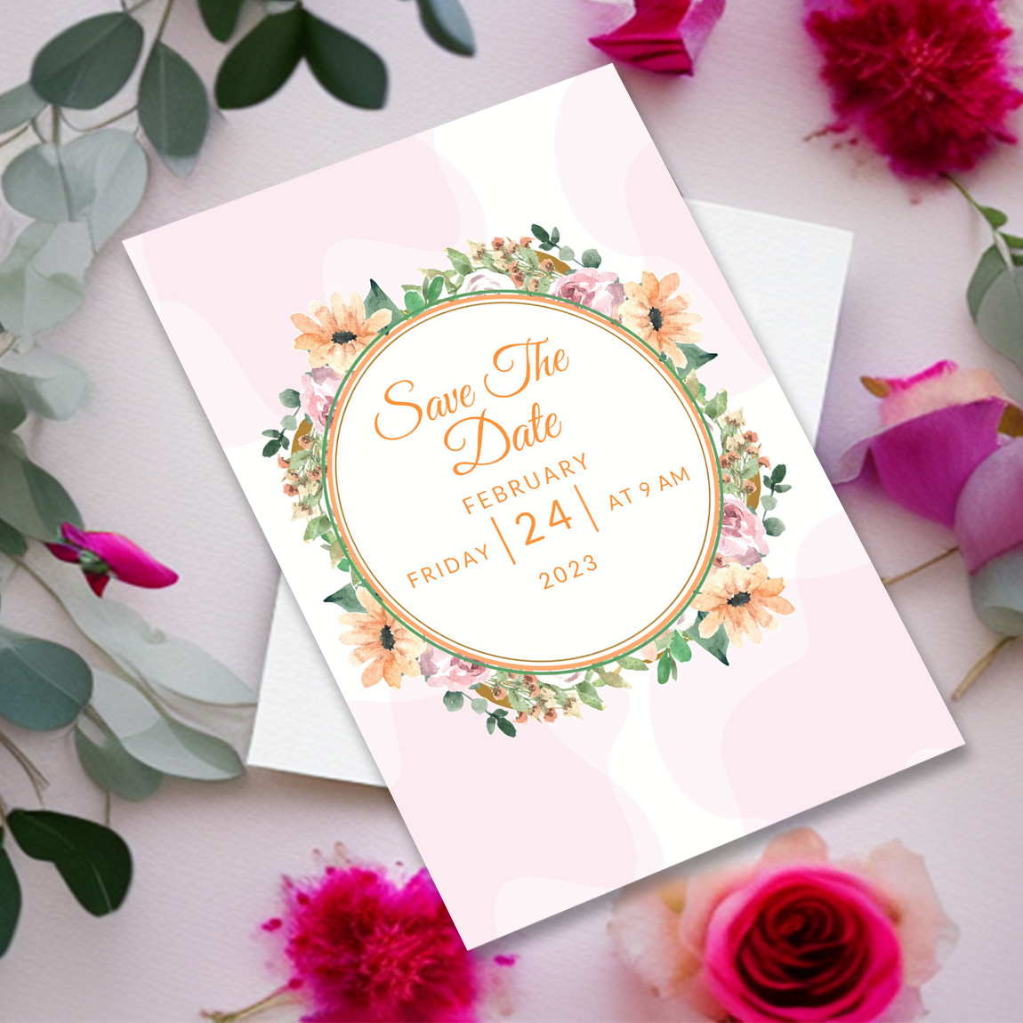 Image with amazing wedding invitation with floral decor.