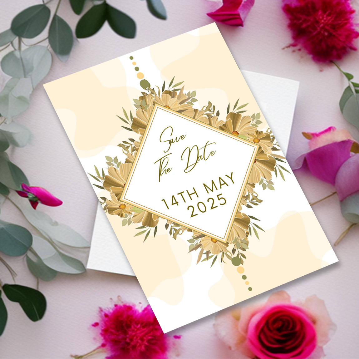 Image with elegant pastel wedding invitation and flowers.