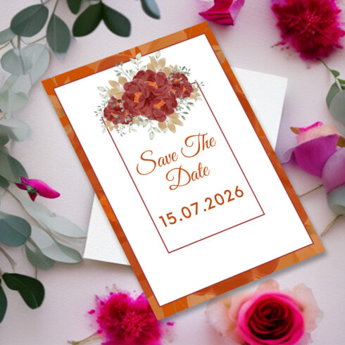 Picture of a wonderful wedding invitation with flowers.