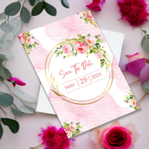 Image with gorgeous wedding invitation card in gold and pink tones with flowers.