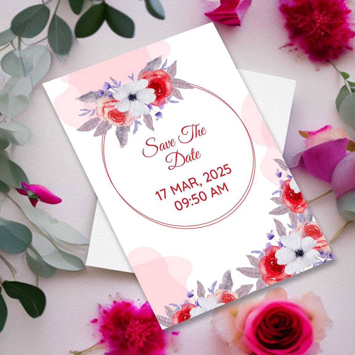 Image with exquisite wedding invitation in pink colors and flowers.