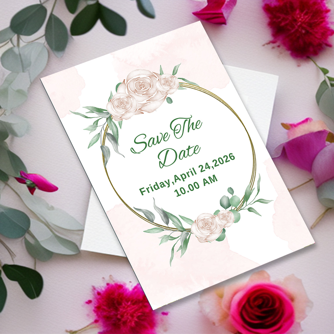 Image with amazing wedding invitation card with watercolor roses.