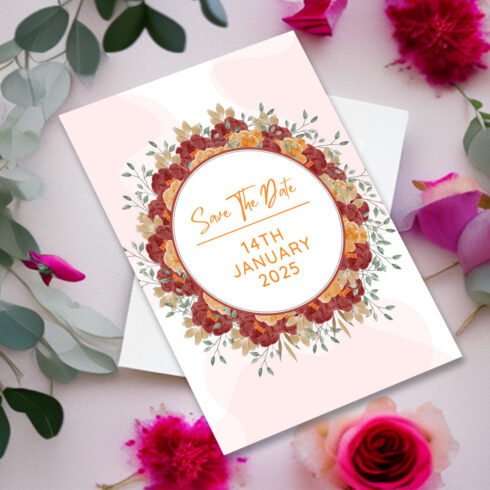 Image of irresistible wedding invitation card in pink colors and flowers.