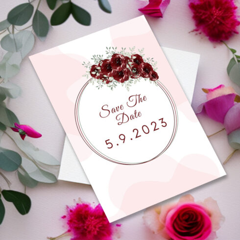 Image of gorgeous wedding invitation card in pink colors and flowers.