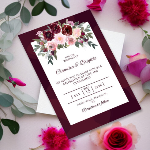 Image with gorgeous wedding invitation in burgundy colors.