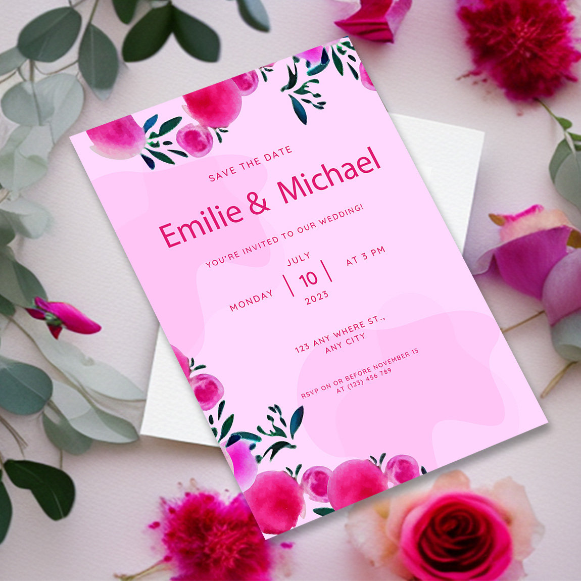 Image with exquisite wedding invitation card with flowers in pink color.