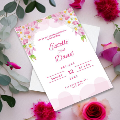 Image with enchanting wedding invitation with flowers.