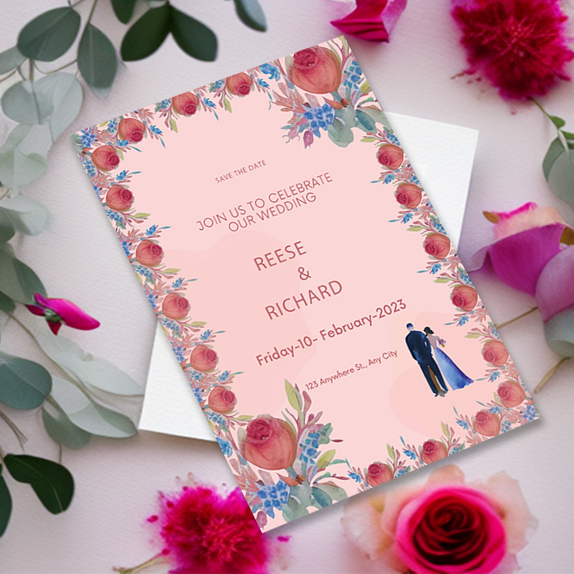 Image with charming wedding invitation card with red roses.