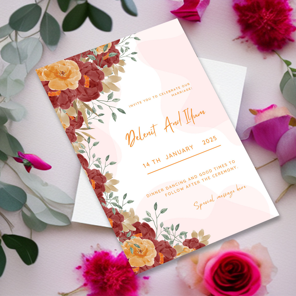 An image of an enchanting wedding invitation in pink tones and flowers.