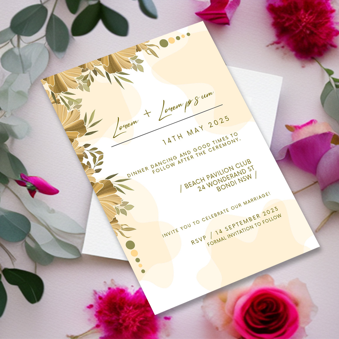 Image with amazing wedding invitation in pastel colors and flowers.