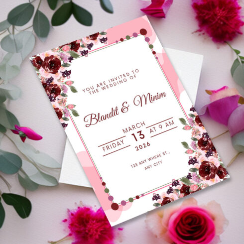 Image of amazing pink wedding invitation with flowers.