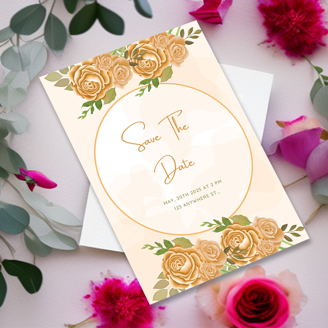 Image with gorgeous wedding invitation card with golden roses and leaves.