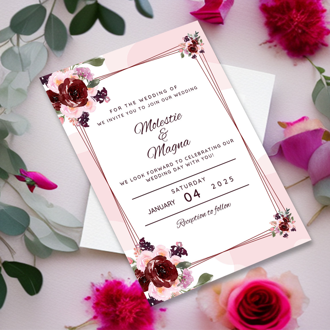 Image of wonderful wedding invitation in pink colors with flowers.