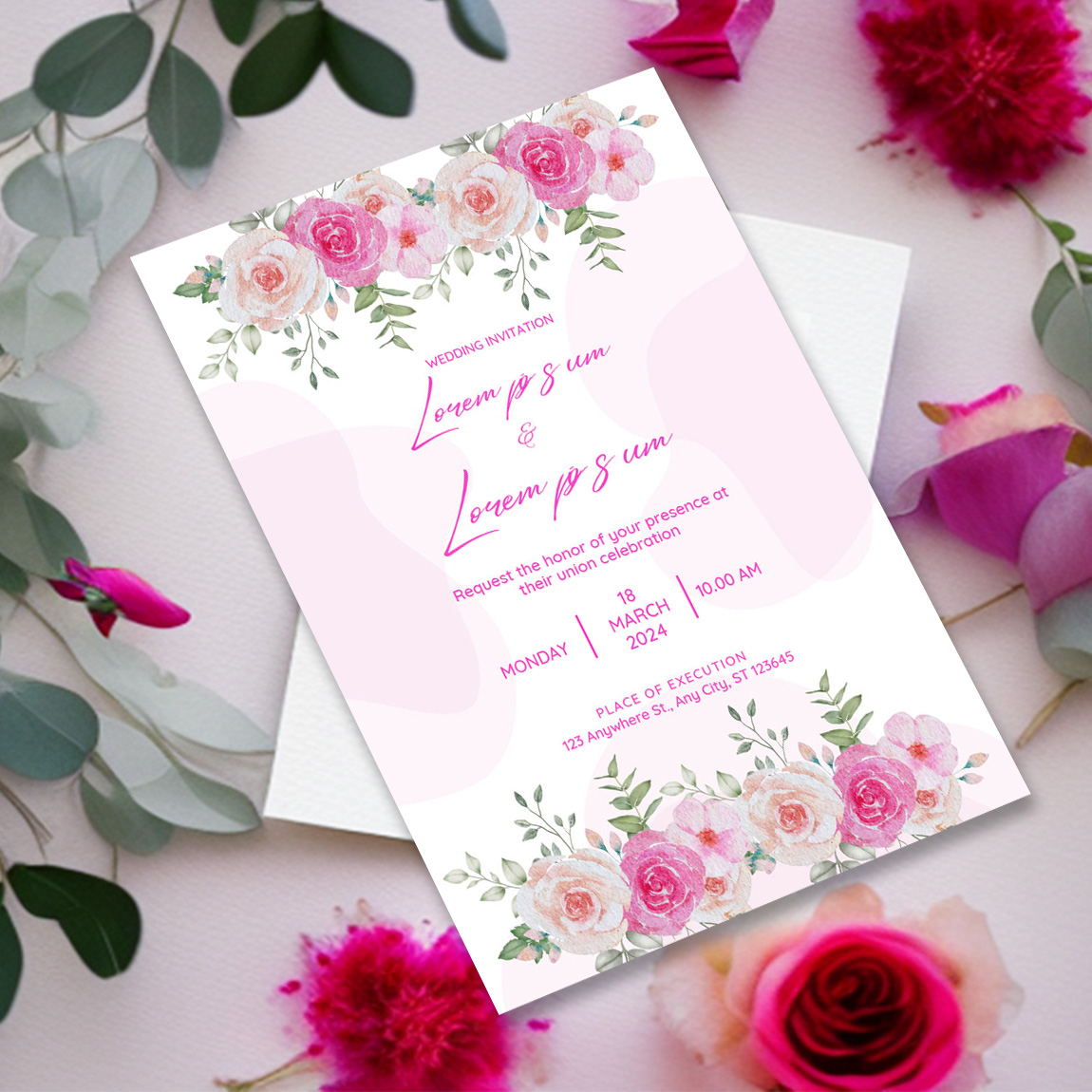Image with enchanting wedding invitation with rose flowers.
