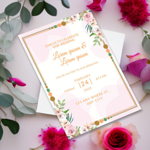 Image with enchanting wedding invitation with floral decor.