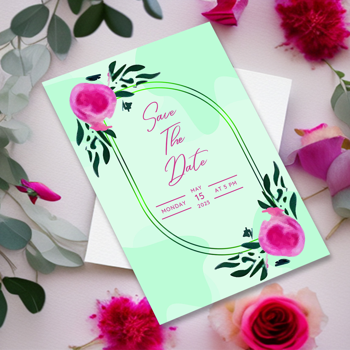Image with enchanting wedding invitation card with watercolor flowers.