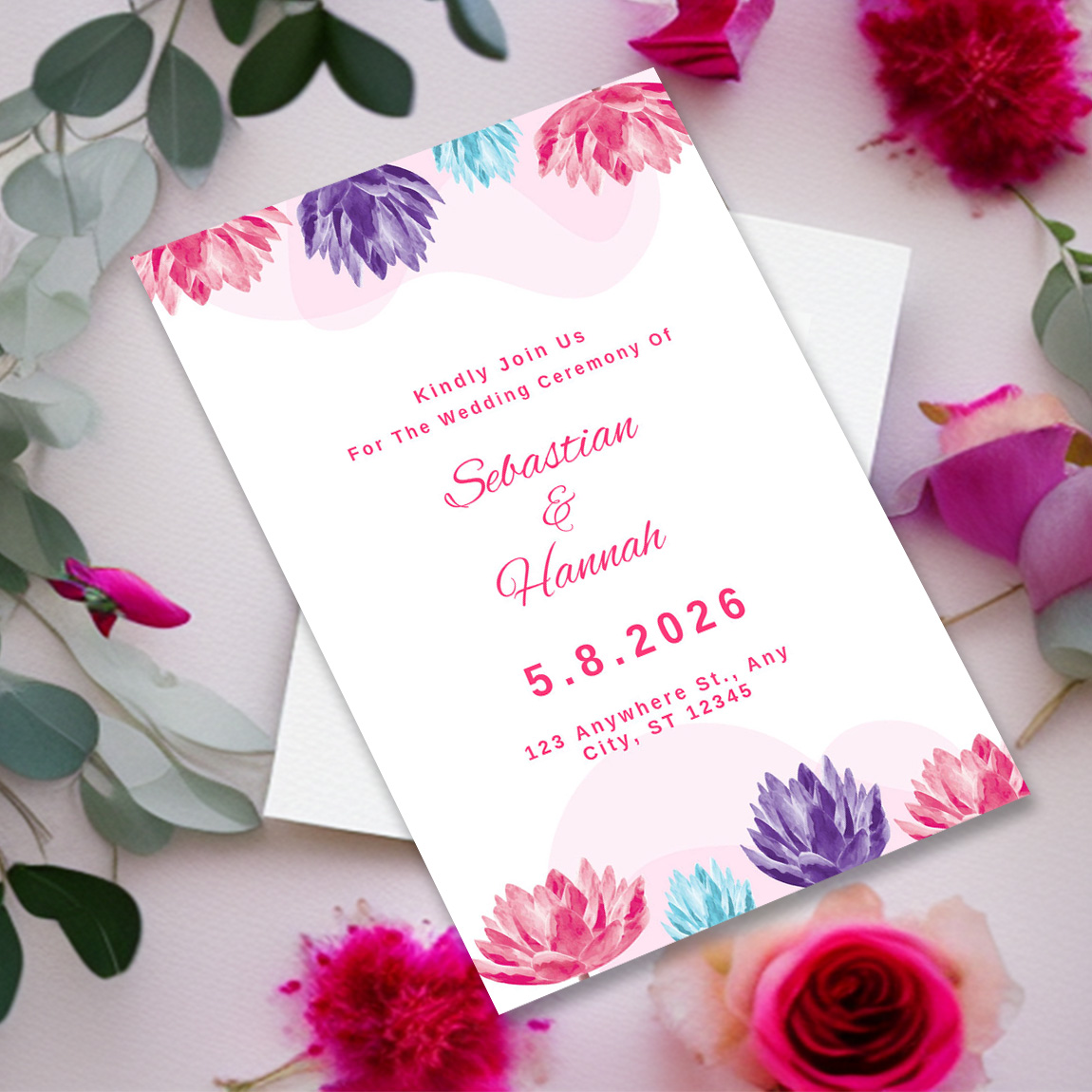 Wedding Invitation Card Watercolour Floral Background cover image.