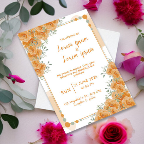 Image with a beautiful wedding invitation with a floral frame of roses.