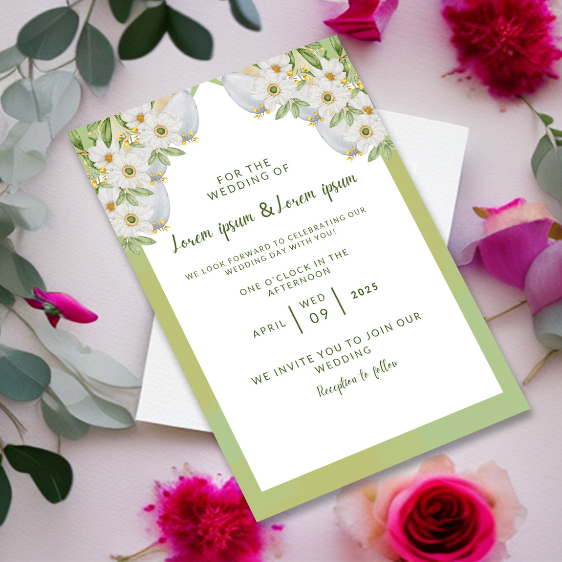 Image with beautiful wedding invitation in light green colors with white flower.