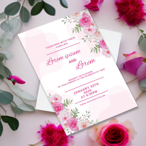 Image with gorgeous wedding invitation in soft pink color.