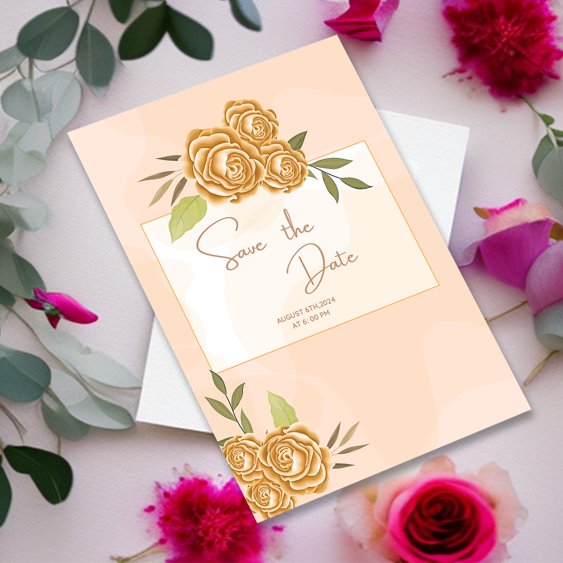 Image with enchanting wedding invitation card with gold color roses.
