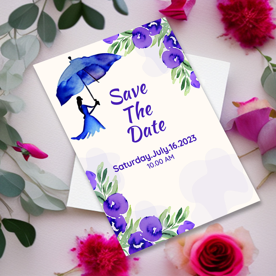 Image with elegant wedding invitation card with flowers and leaves.