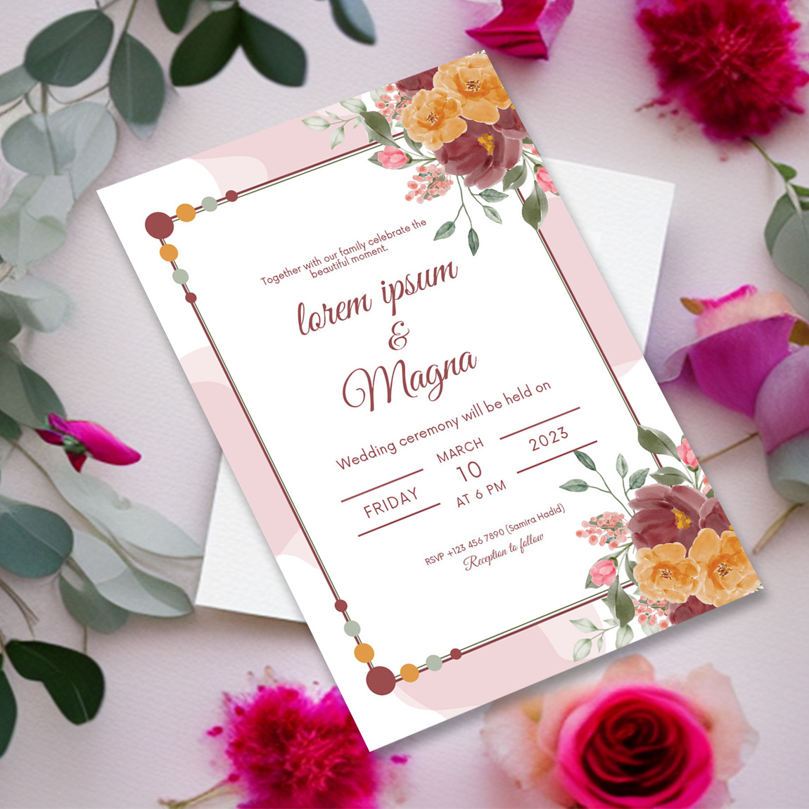 Image with elegant wedding invitation with floral design.