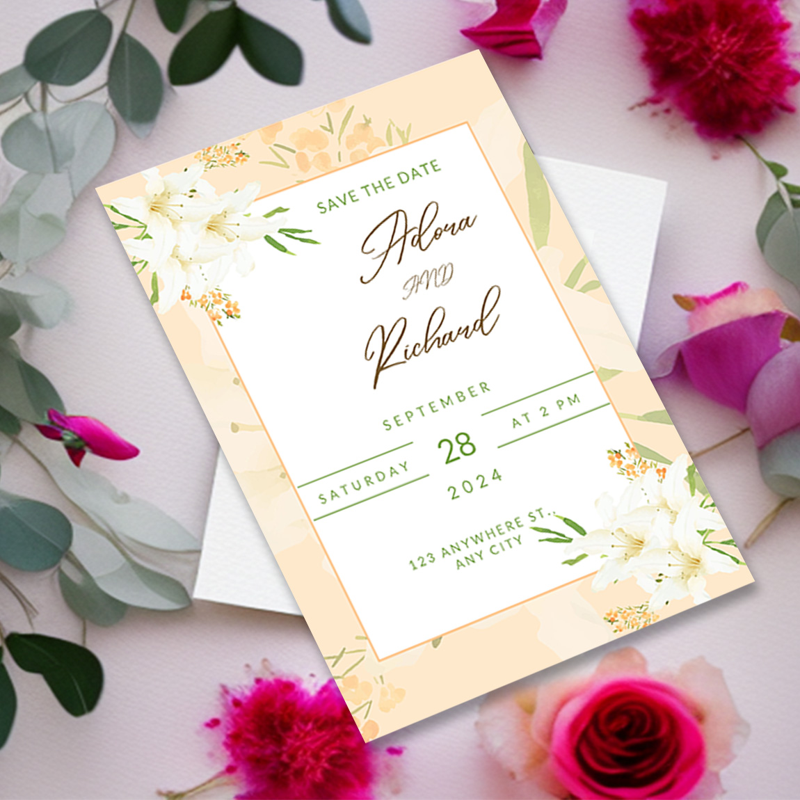 Image with elegant wedding invitation card with flowers.