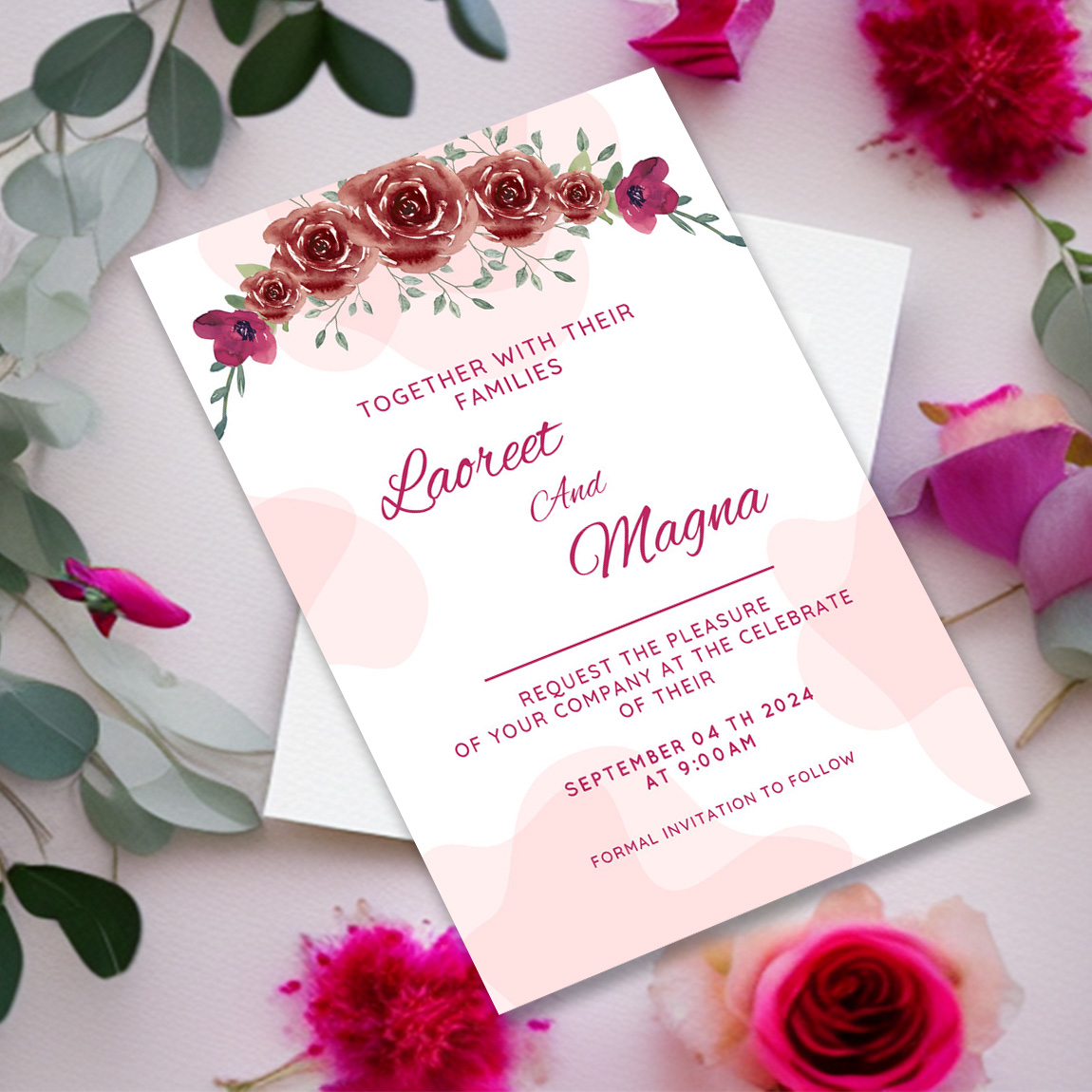 Image of amazing wedding invitation with brown roses and leaves.