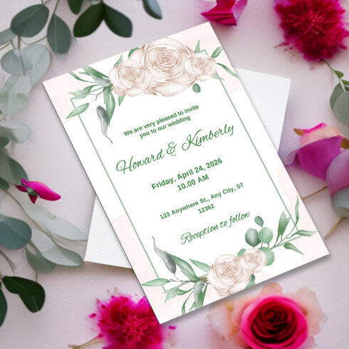 Image with enchanting wedding invitation card with watercolor roses.